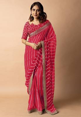 Women's red striped leheriya print embroidered lace border georgette saree with unstiched blouse piece 1