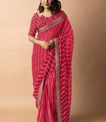 Women's red striped leheriya print embroidered lace border georgette saree with unstiched blouse piece