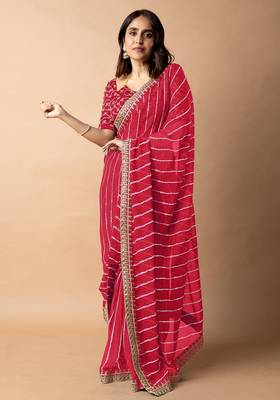 Women's red striped leheriya print embroidered lace border georgette saree with unstiched blouse piece 2