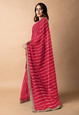 Women's red striped leheriya print embroidered lace border georgette saree with unstiched blouse piece 3