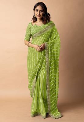 Women's parrot green striped leheriya print embroidered lace border georgette saree with unstiched blouse piece 1