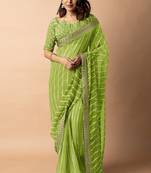 Women's parrot green striped leheriya print embroidered lace border georgette saree with unstiched blouse piece