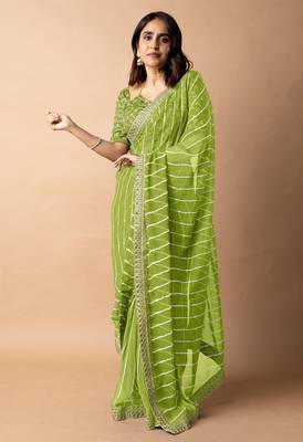 Women's parrot green striped leheriya print embroidered lace border georgette saree with unstiched blouse piece 2