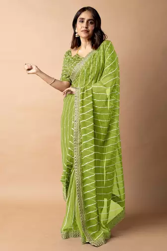 Women's parrot green striped leheriya print embroidered lace border georgette saree with unstiched blouse piece