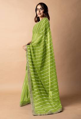Women's parrot green striped leheriya print embroidered lace border georgette saree with unstiched blouse piece 3