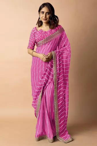 Women's pink striped leheriya print embroidered lace border georgette saree with unstiched blouse piece