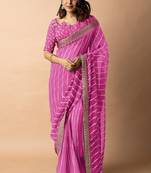 Women's pink striped leheriya print embroidered lace border georgette saree with unstiched blouse piece