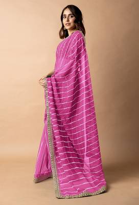Women's pink striped leheriya print embroidered lace border georgette saree with unstiched blouse piece 3
