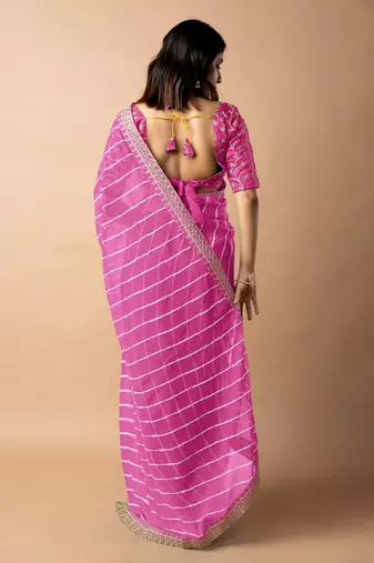 Women's pink striped leheriya print embroidered lace border georgette saree with unstiched blouse piece