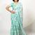 Women's teal floral print silver zari border cotton blend saree with unstiched blouse piece