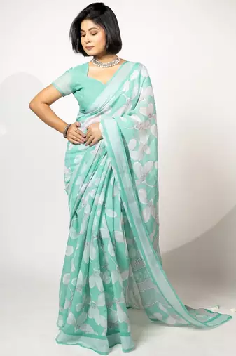 Women's lavender floral print silver zari border cotton blend saree with unstiched blouse piece