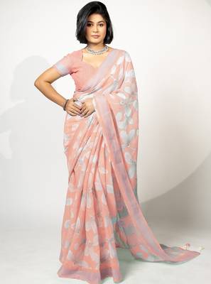 Women's peach floral print silver zari border cotton blend saree with unstiched blouse piece 1