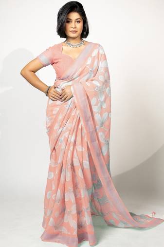 Women's peach floral print silver zari border cotton blend saree with unstiched blouse piece
