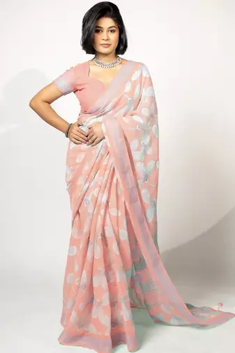 Women's peach floral print silver zari border cotton blend saree with unstiched blouse piece