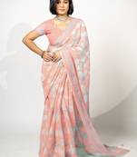Women's peach floral print silver zari border cotton blend saree with unstiched blouse piece