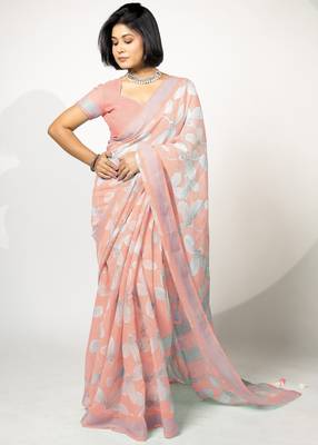 Women's peach floral print silver zari border cotton blend saree with unstiched blouse piece 2