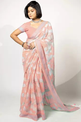 Women's peach floral print silver zari border cotton blend saree with unstiched blouse piece