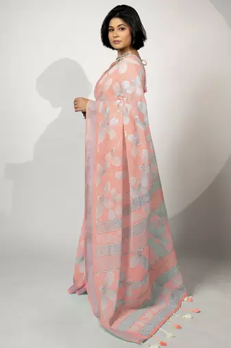Women's peach floral print silver zari border cotton blend saree with unstiched blouse piece
