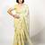 Women's pastel yellow floral print silver zari border cotton blend saree with unstiched blouse piece
