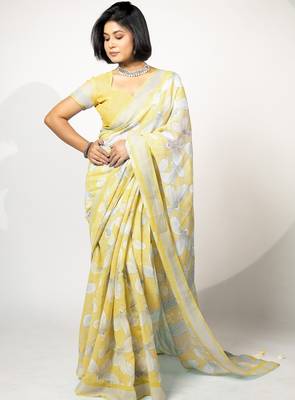 Women's pastel yellow floral print silver zari border cotton blend saree with unstiched blouse piece 2