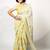 Women's pastel yellow floral print silver zari border cotton blend saree with unstiched blouse piece