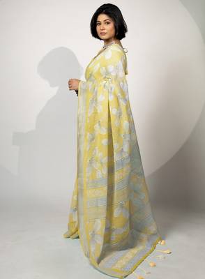 Women's pastel yellow floral print silver zari border cotton blend saree with unstiched blouse piece 3