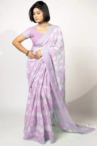 Women's lavender floral print silver zari border cotton blend saree with unstiched blouse piece