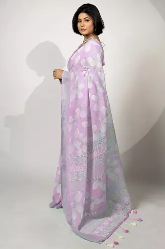 Women's lavender floral print silver zari border cotton blend saree with unstiched blouse piece