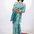 Women's turquoise floral print golden zari border cotton blend saree with unstiched blouse piece