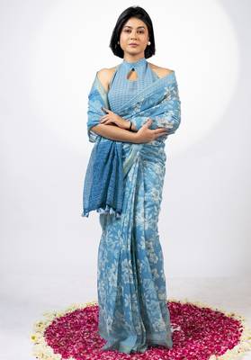 Women's blue floral print golden zari border cotton blend saree with unstiched blouse piece 1