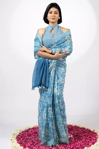Women's blue floral print golden zari border cotton blend saree with unstiched blouse piece