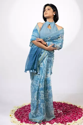 Women's blue floral print golden zari border cotton blend saree with unstiched blouse piece