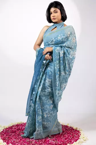 Women's blue floral print golden zari border cotton blend saree with unstiched blouse piece