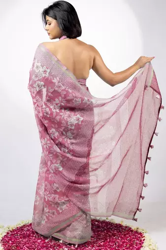 Women's pink floral print golden zari border cotton blend saree with unstiched blouse piece