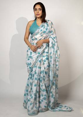 Women's white floral print crochet lace border cotton blend saree with unstiched blouse piece 1