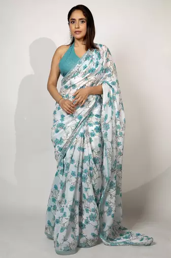 Women's white floral print crochet lace border cotton blend saree with unstiched blouse piece