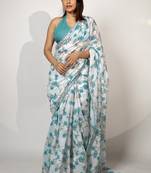 Women's white floral print crochet lace border cotton blend saree with unstiched blouse piece