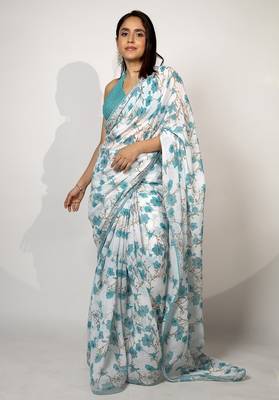 Women's white floral print crochet lace border cotton blend saree with unstiched blouse piece 2
