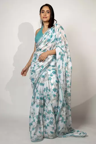 Women's white floral print crochet lace border cotton blend saree with unstiched blouse piece