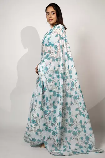 Women's white floral print crochet lace border cotton blend saree with unstiched blouse piece