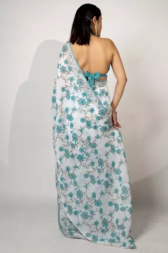 Women's white floral print crochet lace border cotton blend saree with unstiched blouse piece