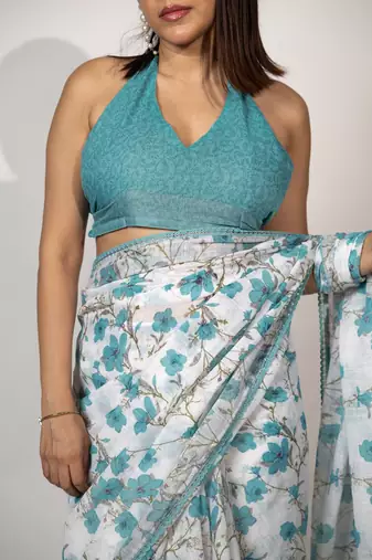 Women's white floral print crochet lace border cotton blend saree with unstiched blouse piece