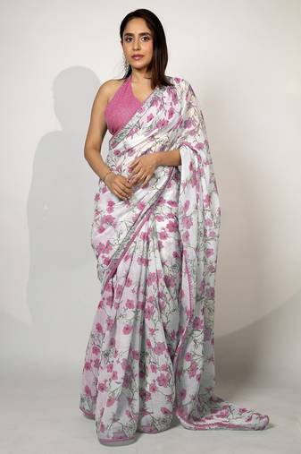 Women's white floral print crochet lace border cotton blend saree with unstiched blouse piece