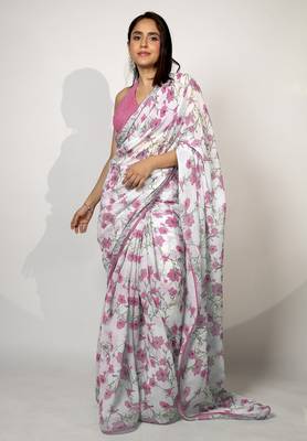 Women's white floral print crochet lace border cotton blend saree with unstiched blouse piece 2