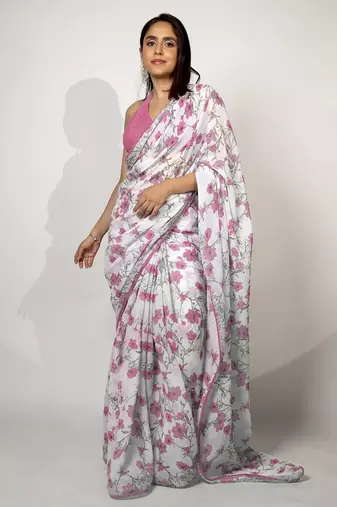 Women's white floral print crochet lace border cotton blend saree with unstiched blouse piece