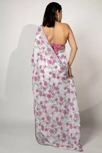 Women's white floral print crochet lace border cotton blend saree with unstiched blouse piece