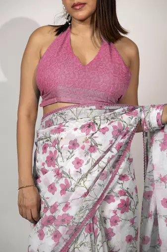 Women's white floral print crochet lace border cotton blend saree with unstiched blouse piece