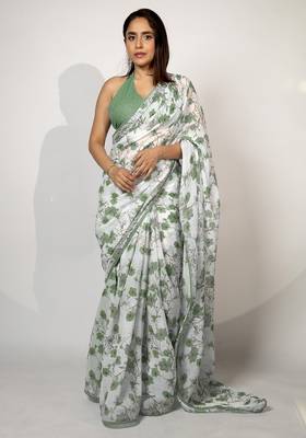Women's white floral print crochet lace border cotton blend saree with unstiched blouse piece 1