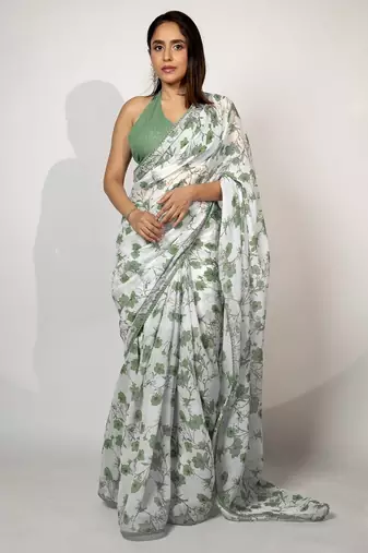 Women's white floral print crochet lace border cotton blend saree with unstiched blouse piece