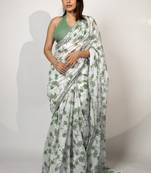 Women's white floral print crochet lace border cotton blend saree with unstiched blouse piece